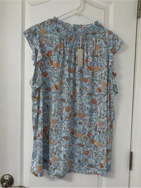 NWT Melloday Top Plus 2X Blue Floral Flutter Ruffle Boho Cottagecore Peasant
